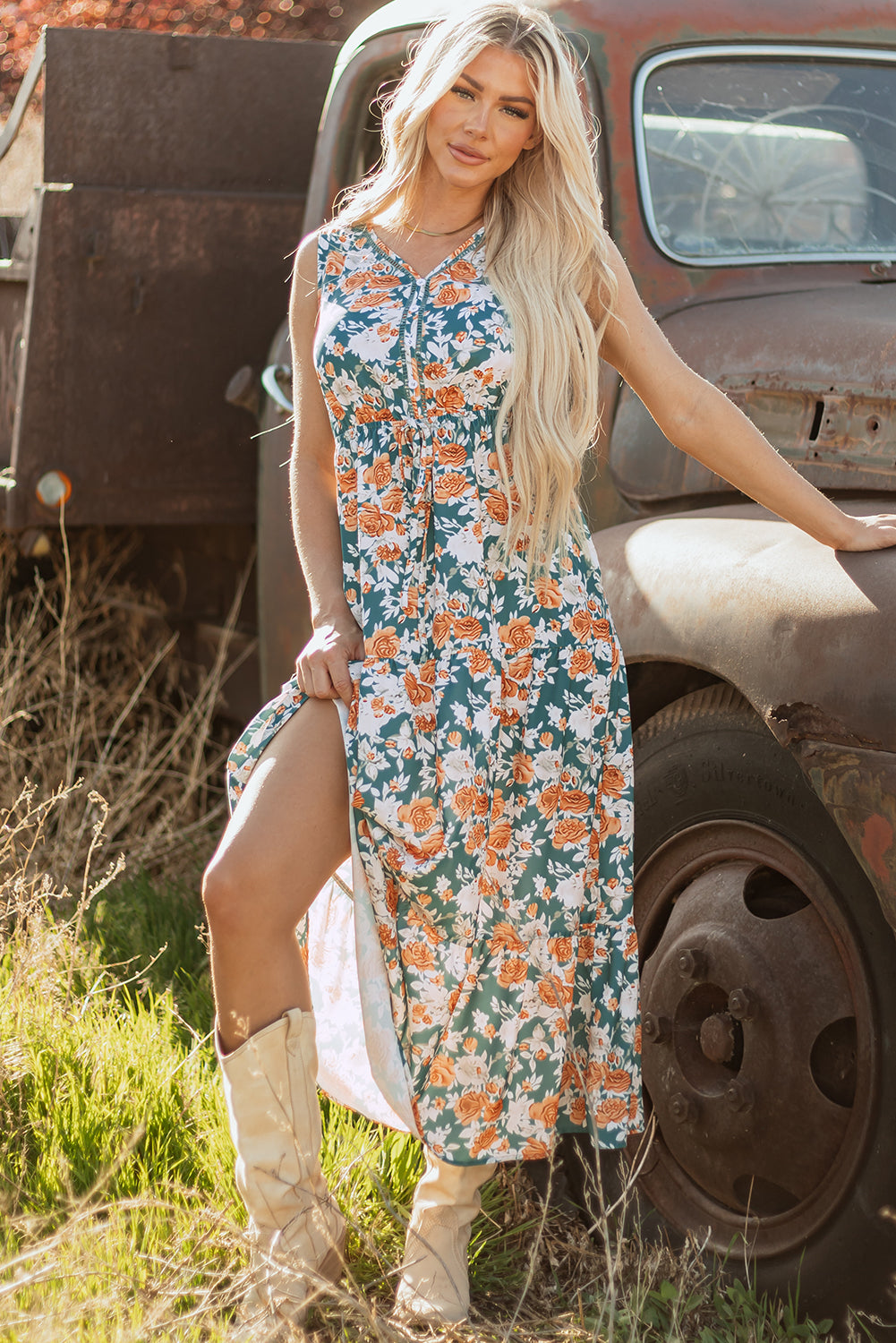 Kara Floral Tie Waist Sleeveless Holiday Long Dress