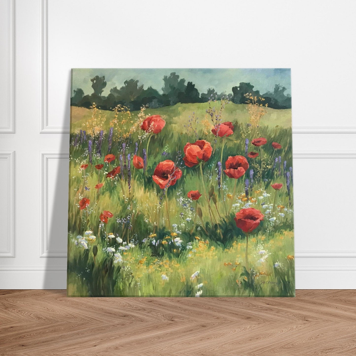 'Field of Red Poppies' Floral I 16x16 inch Art Print on Canvas I Original Artwork by American Artist Barbara Cleary