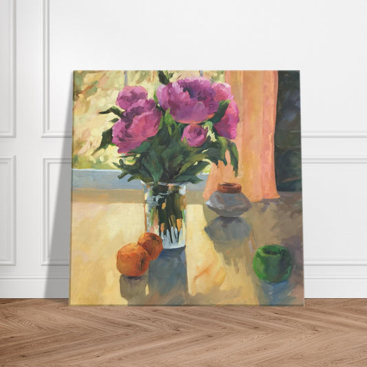 'Blooming Flowers and Fresh Fruit' Floral Still Life I 16x16 inch Art Print on Canvas I Original Artwork by American Artist Barbara Cleary