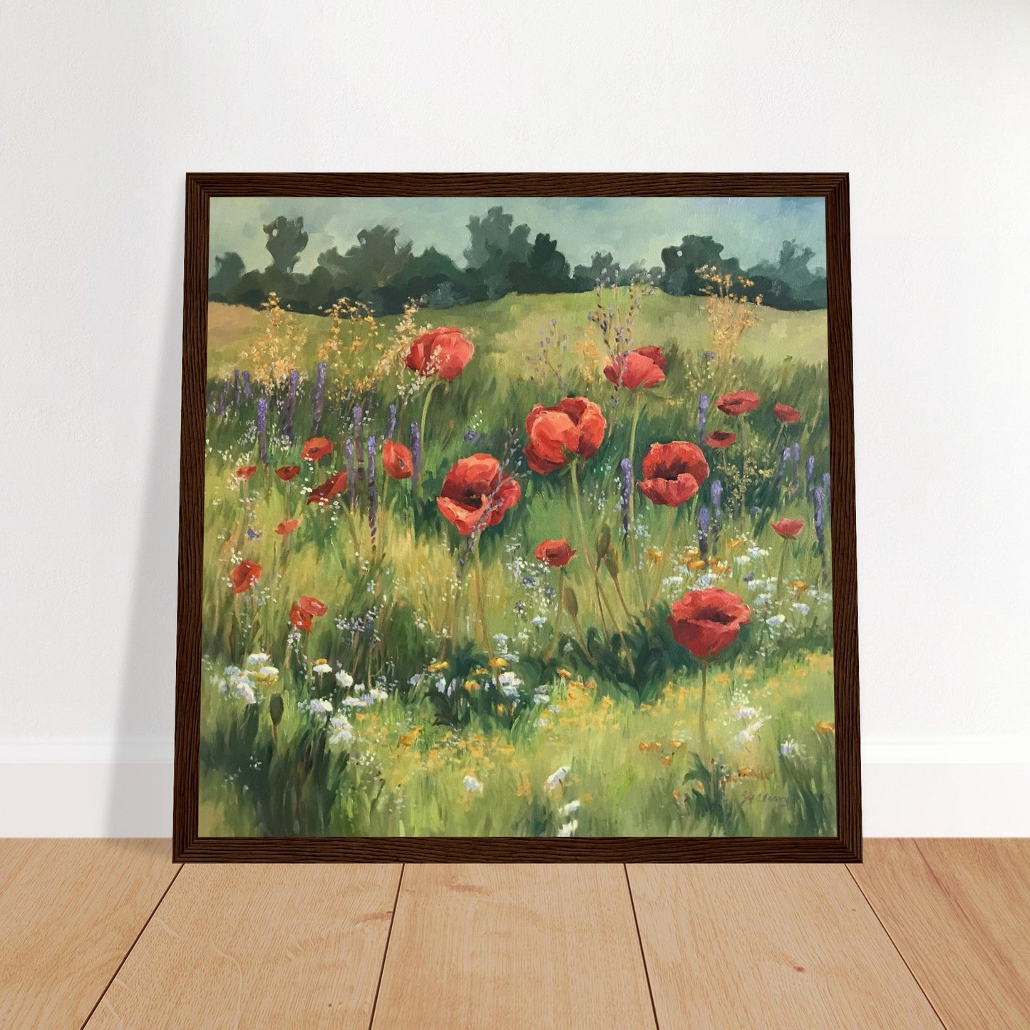 'Field of Red Poppies' Floral I 12x12 inch Wooden Framed Art Print I Original Artwork by American Artist Barbara Cleary