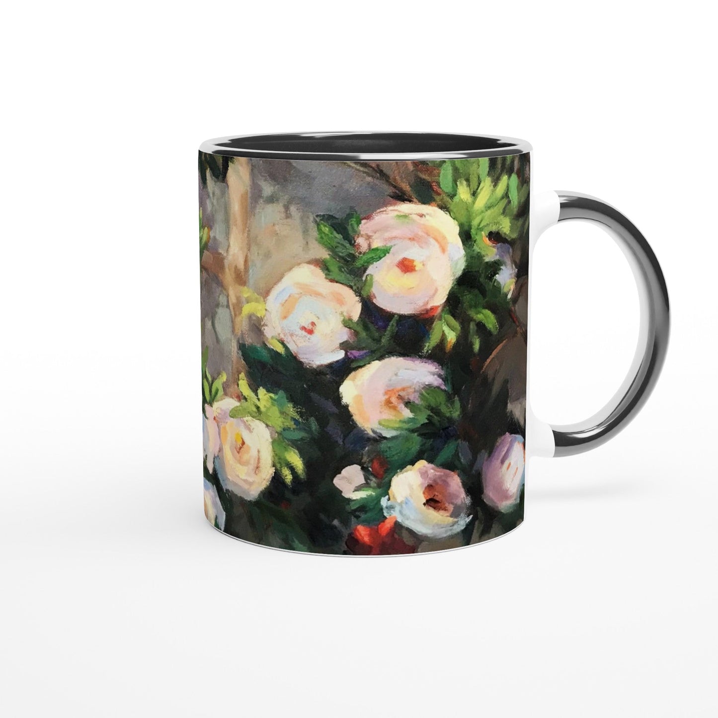 11oz White Ceramic Mug with Color Inside | Coffee Cup with 'Vining White Roses' Floral Artwork by American Artist Barbara Cleary