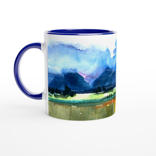 11oz White Ceramic Mug with Color Inside | Coffee Cup with 'Tranquil Mountain View 4' Artwork by American Artist Barbara Cleary
