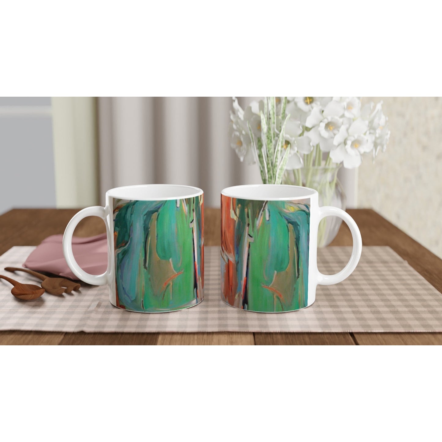 11oz White Ceramic Mug| Coffee Cup with 'Colorscape 2' Abstract Artwork by American Artist Barbara Cleary
