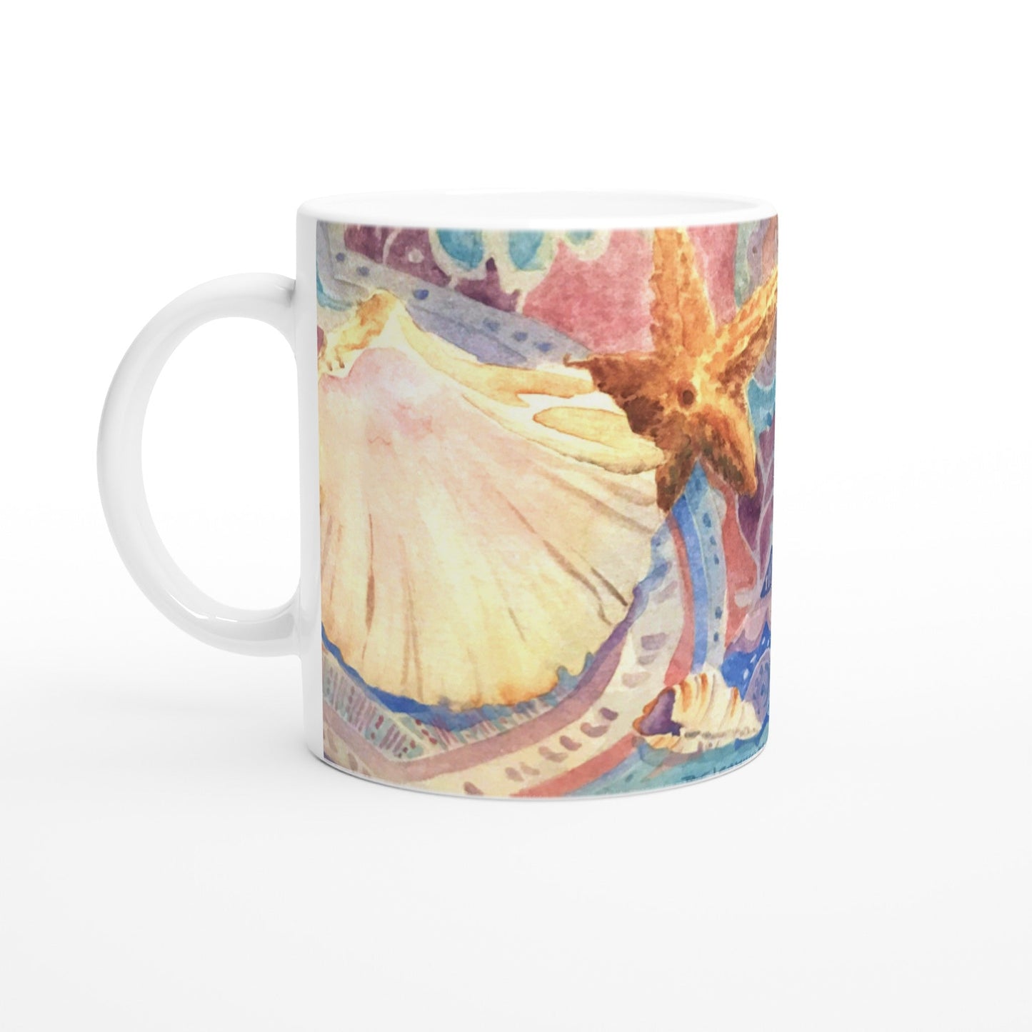 11oz White Ceramic Mug | Coffee Cup with 'Treasures of the Tide' Coastal Artwork by American Artist Barbara Cleary