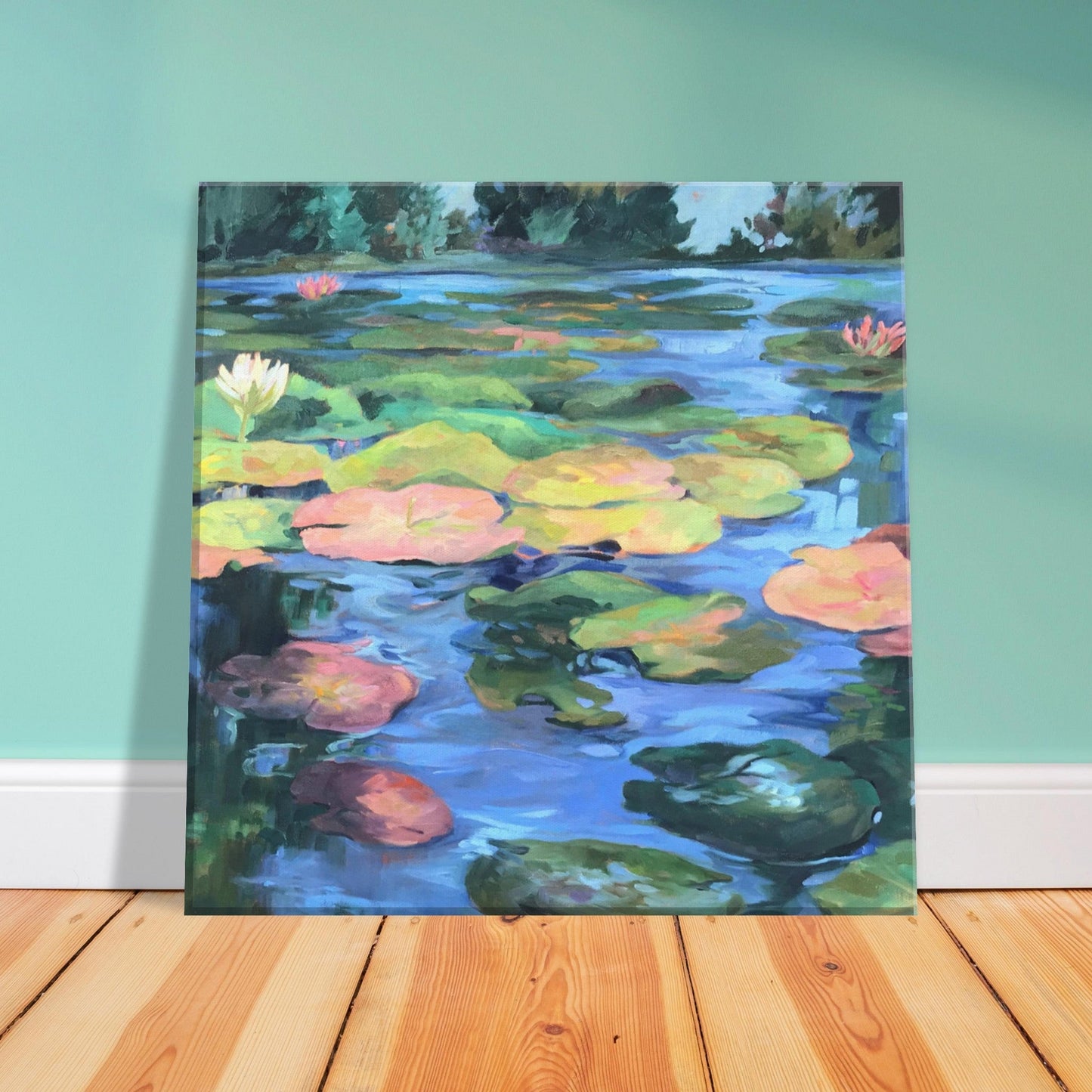 'Lily Pond' Floral I 12x12 inch Art Print on Canvas I Original Artwork by American Artist Barbara Cleary