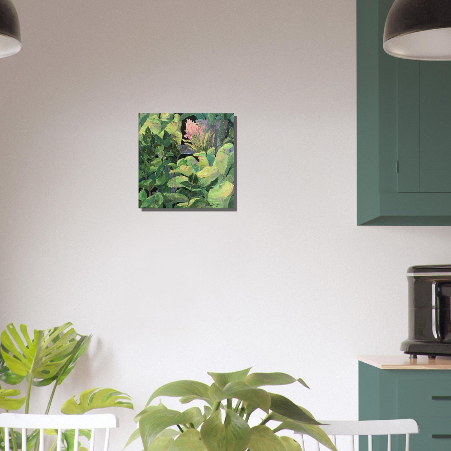 'Bromeliads' Pink and Green Floral I 16x16 inch Art Print on Canvas I Original Artwork by American Artist Barbara Cleary
