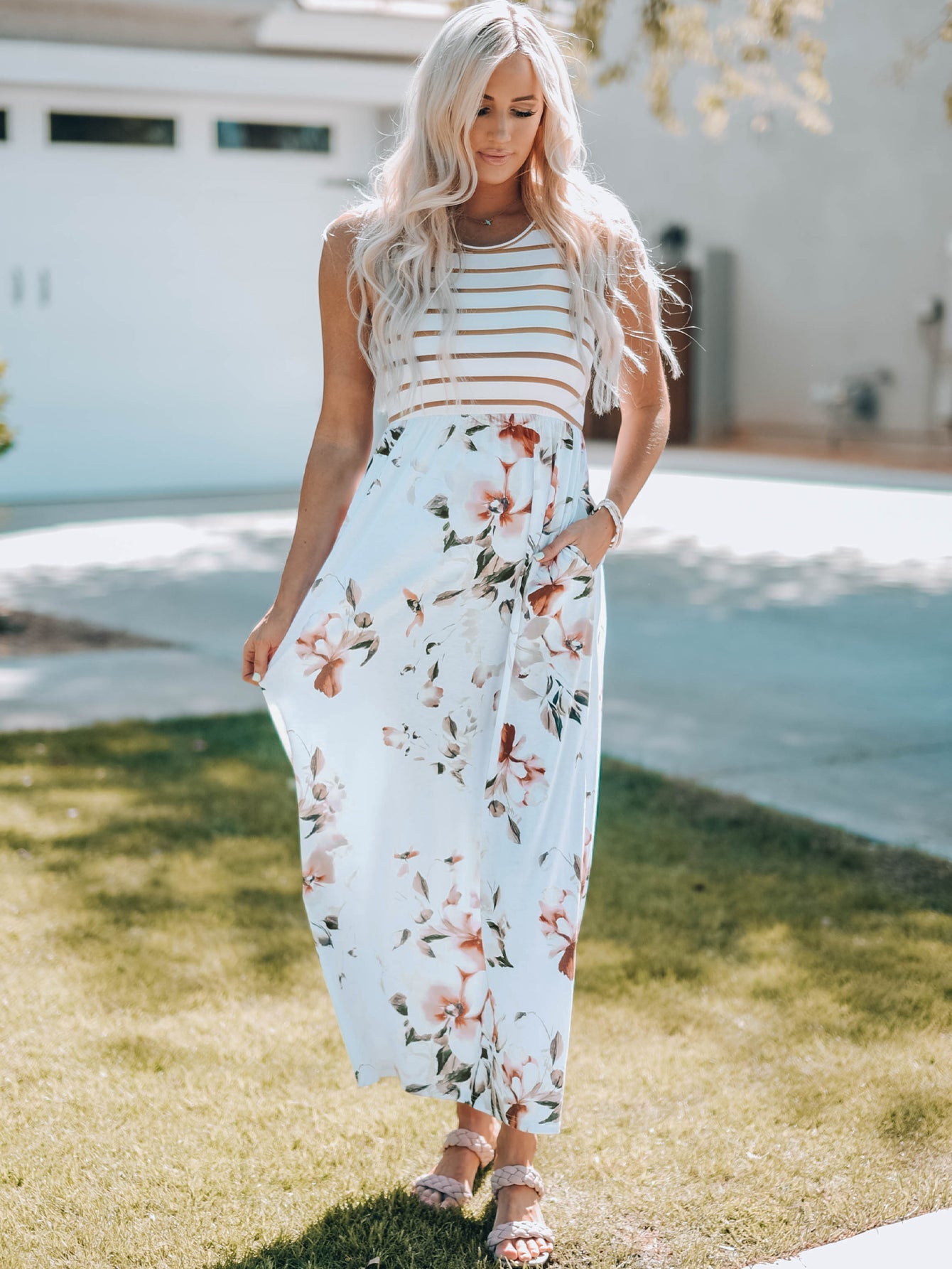 Zora Striped Floral Sleeveless Maxi Dress with Pocket
