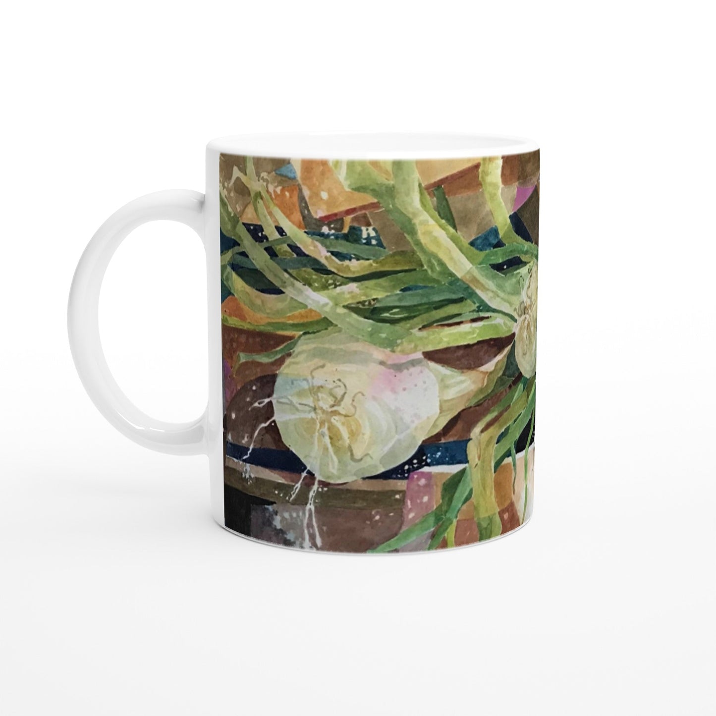 11oz White Ceramic Mug | Coffee Cup with 'Onions' Watercolor Artwork by American Artist Barbara Cleary