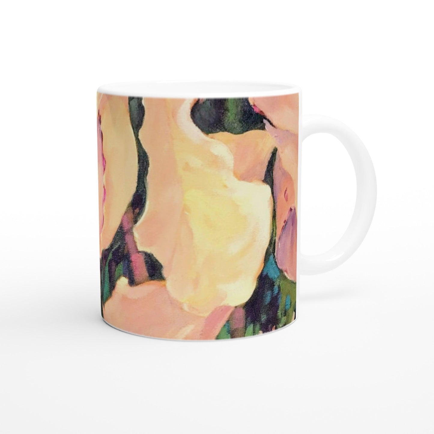 11oz White Ceramic Mug| Coffee Cup with 'Pink Orchid' Floral Artwork by American Artist Barbara Cleary