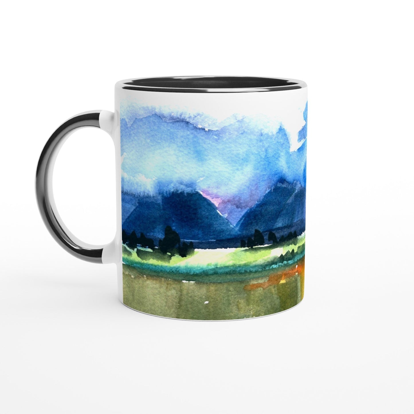 11oz White Ceramic Mug with Color Inside | Coffee Cup with 'Tranquil Mountain View 4' Artwork by American Artist Barbara Cleary
