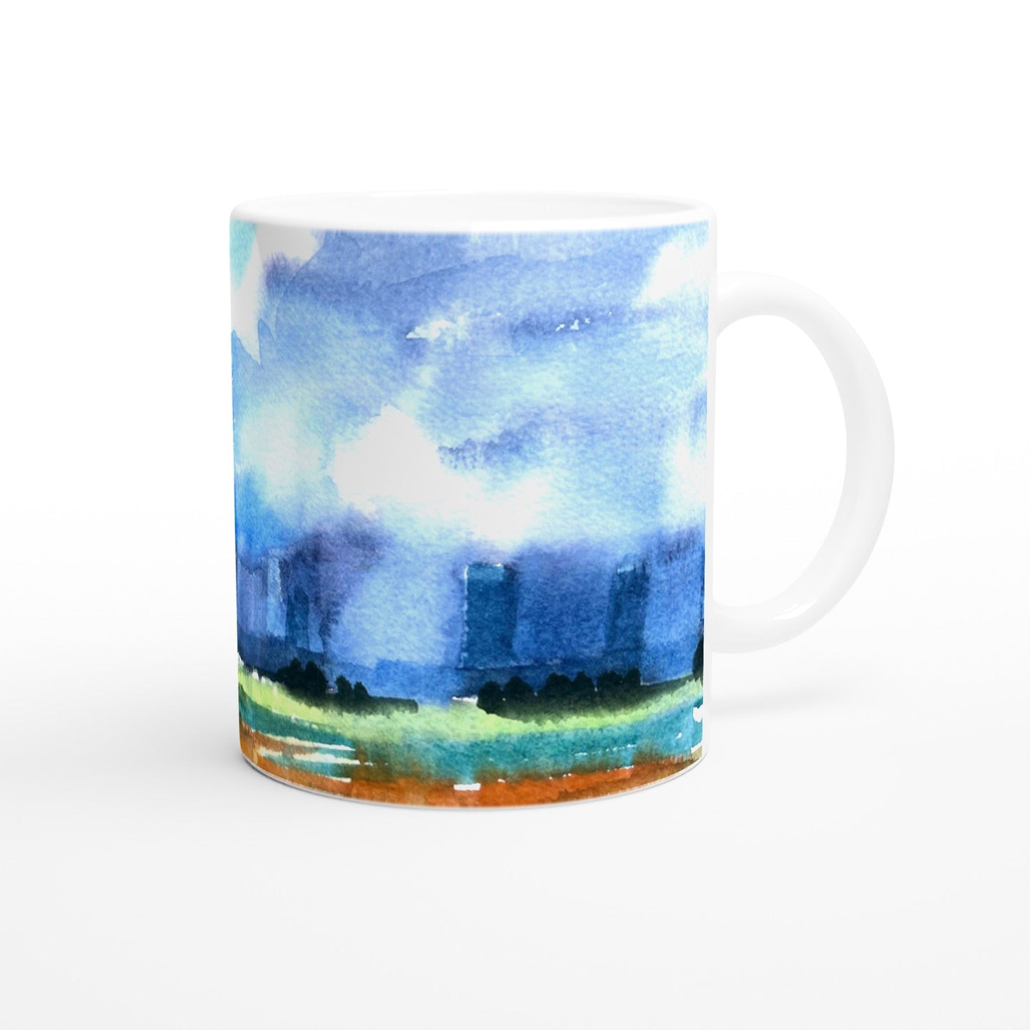 11oz White Ceramic Mug| Coffee Cup with 'Tranquil Mountain View 4' Artwork by American Artist Barbara Cleary