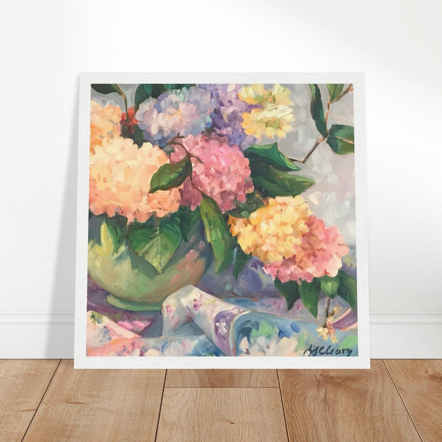 ‘Hydrangeas’ Floral Still Life | 12x12 inch Wooden Framed Art Print | Original Artwork by American Artist Barbara Cleary