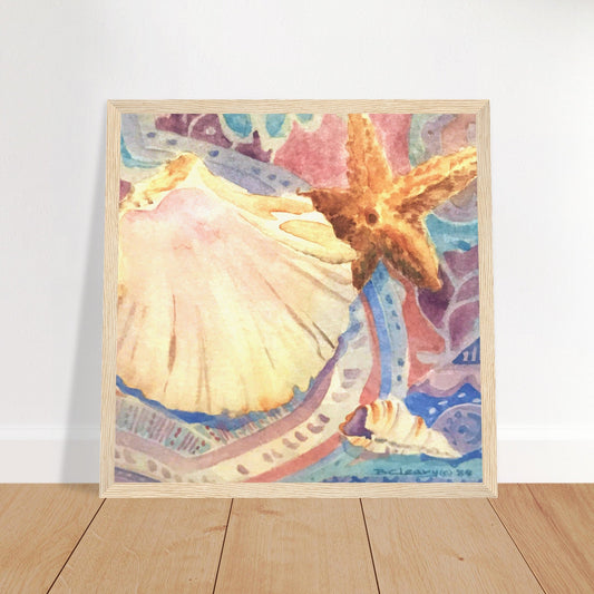 'Treasures of the Tide’ Coastal Watercolor | 12x12 Wooden Framed Art Print | Original Artwork by American Artist Barbara Cleary