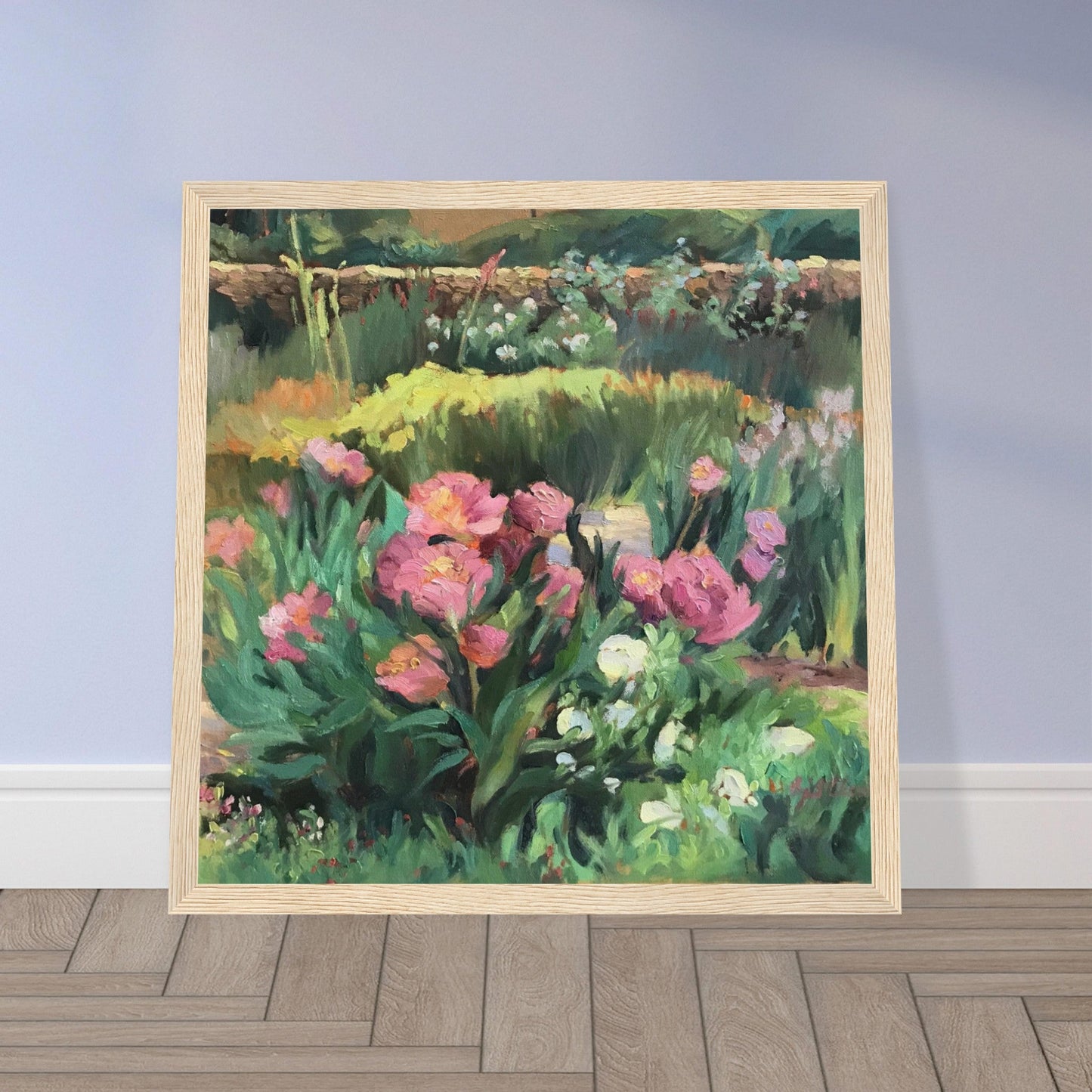 ‘Garden Peonies’ Pink and Green Floral | 12x12 inch Wooden Framed Art Print | Original Artwork by American Artist Barbara Cleary