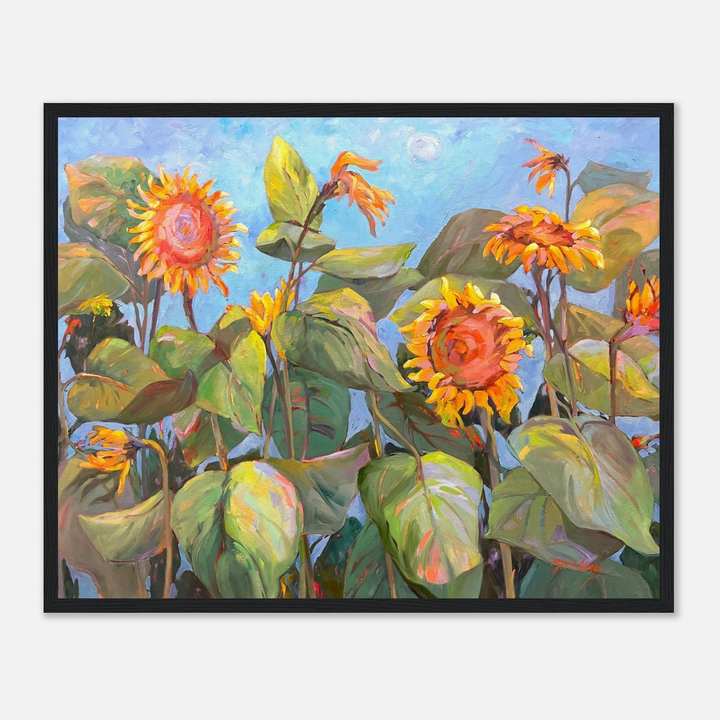 'Southwind Sunflowers 2' Floral | 16x20 inch Wooden Framed Art Print | Original Artwork by American Artist Barbara Cleary