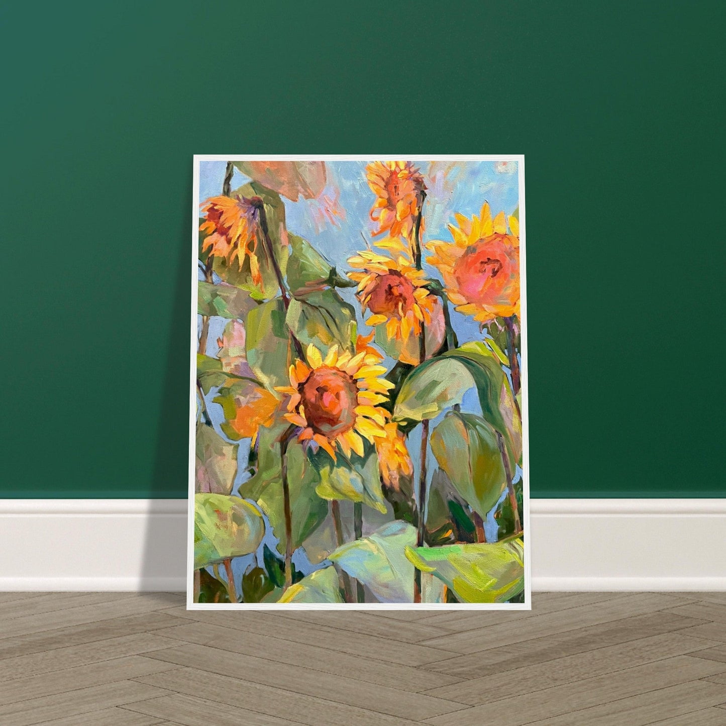 'Southwind Sunflowers 1' Floral | 24x32 inch Wooden Framed Art Print | Original Artwork by American Artist Barbara Cleary