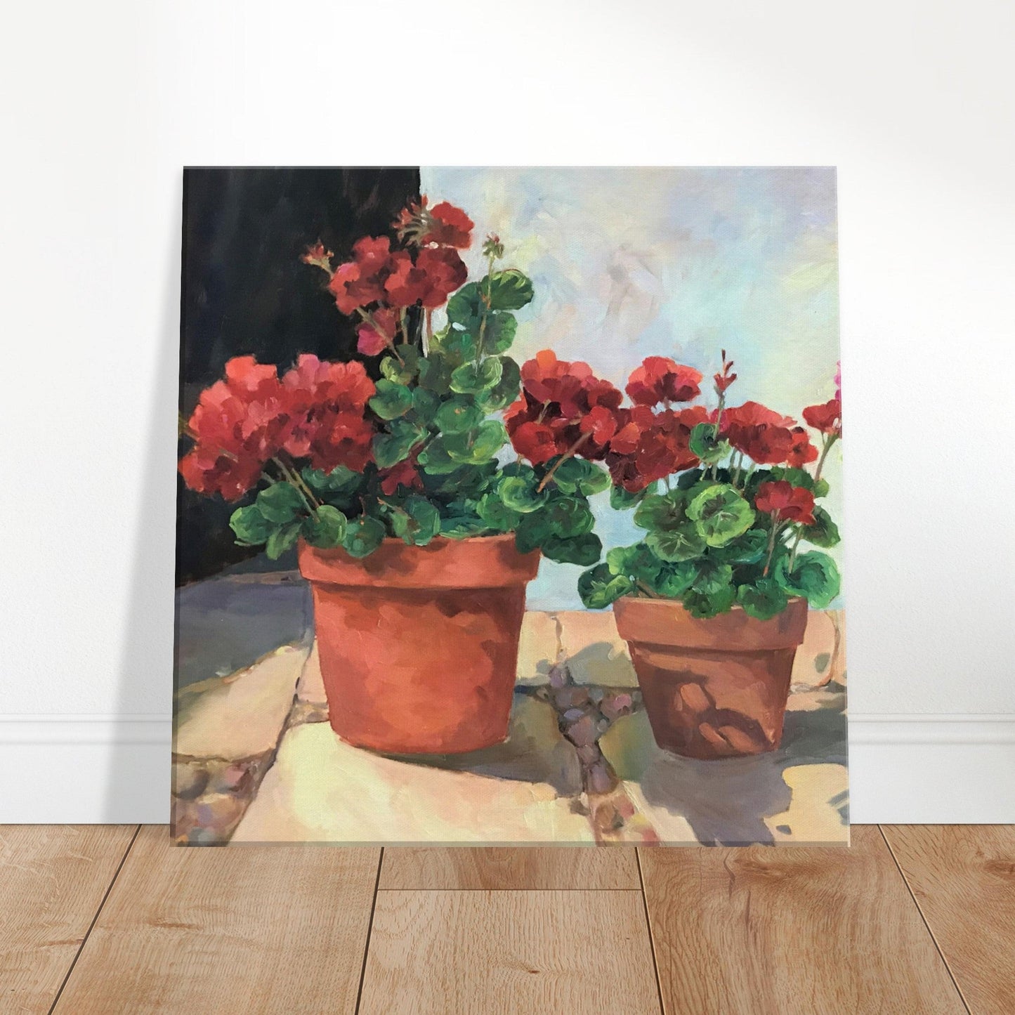 'Potted Geraniums Series 1' Floral I 16x16 inch Art Print on Canvas I Original Artwork by American Artist Barbara Cleary