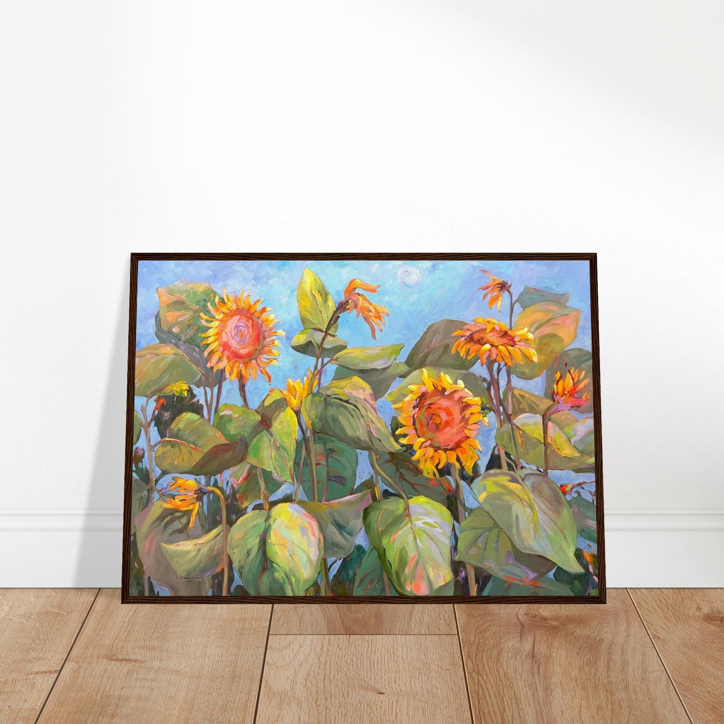 'Southwind Sunflowers 2' Floral | 20x28 inch Wooden Framed Art Print | Original Artwork by American Artist Barbara Cleary