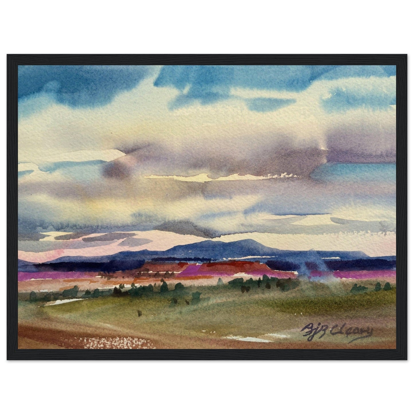 ‘Tranquil Mountain View 1’ Landscape Watercolor | 12x16 Wooden Framed Art Print | Original Artwork by American Artist Barbara Cleary