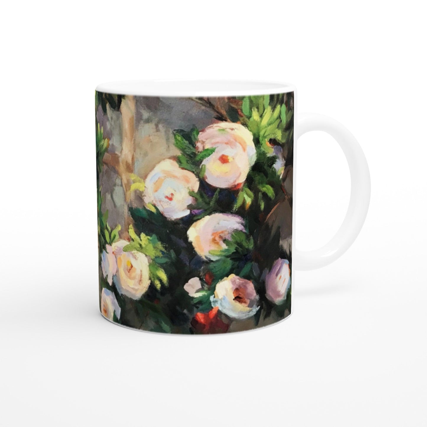 11oz White Ceramic Mug | Coffee Cup with 'Vining White Roses' Artwork by American Artist Barbara Cleary