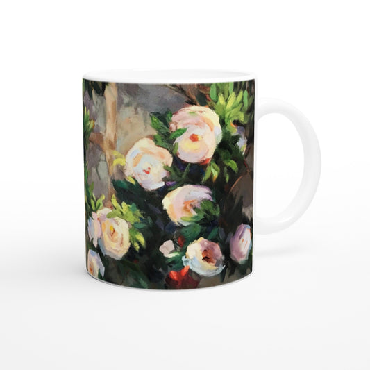11oz White Ceramic Mug | Coffee Cup with 'Vining White Roses' Artwork by American Artist Barbara Cleary