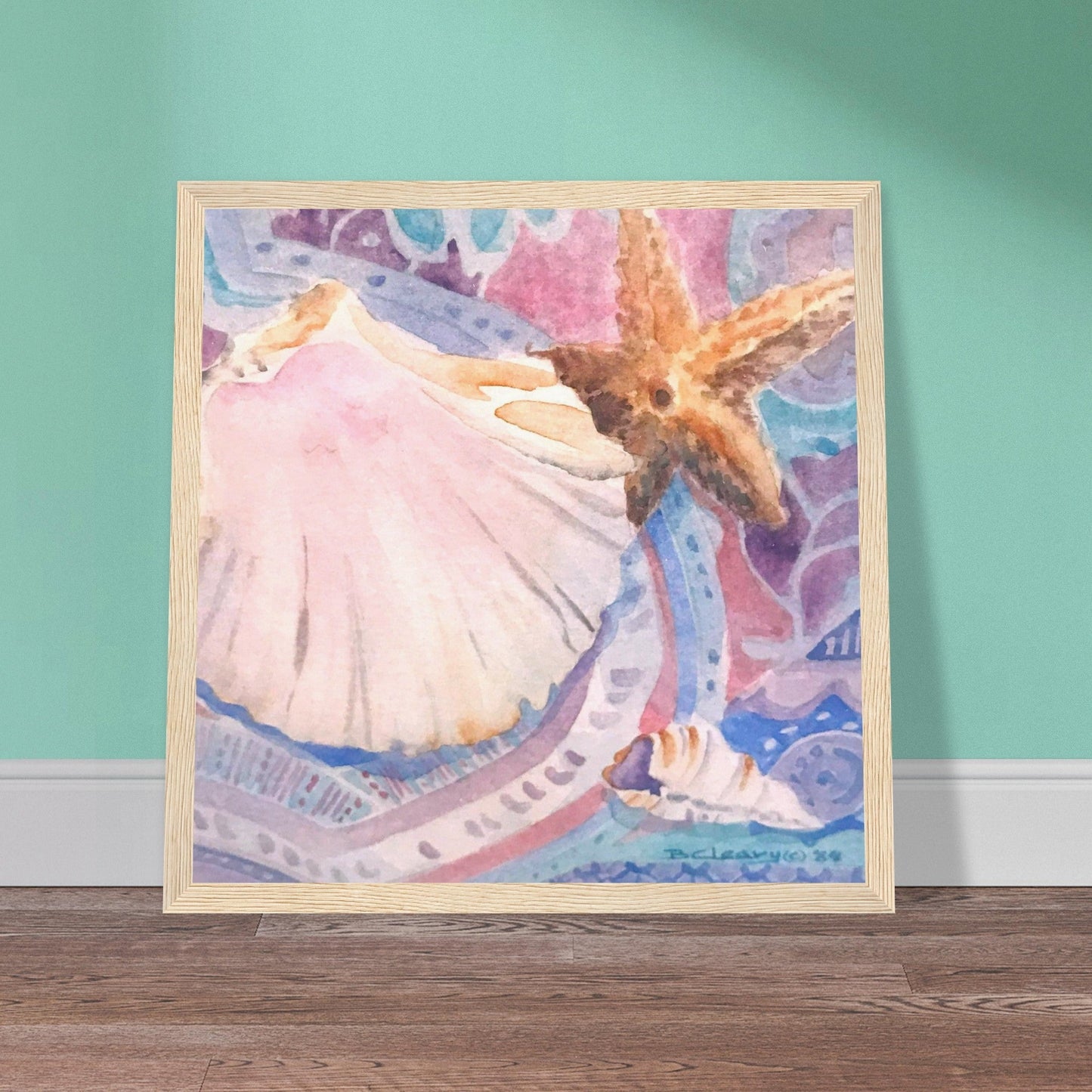 'Starfish' Watercolor I 12x12 inch Wooden Framed Art Print I Original Artwork by American Artist Barbara Cleary