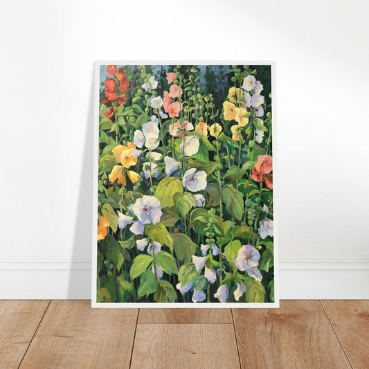 ‘Hollyhocks’ Floral | 18x24 inch Wooden Framed Art Print | Original Artwork by American Artist Barbara Cleary
