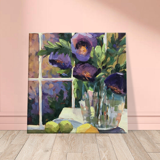 'Purple Flowers' Floral Still Life I 12x12 inch Canvas Art Print I Original Artwork by American Artist Barbara Cleary