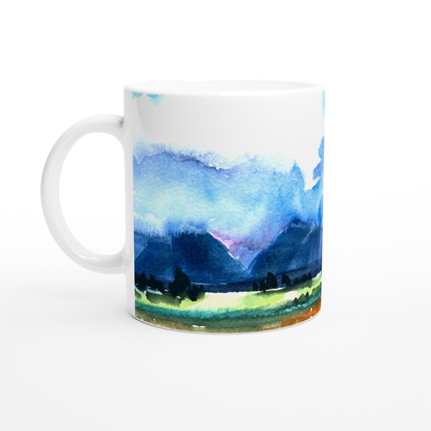 11oz White Ceramic Mug| Coffee Cup with 'Tranquil Mountain View 4' Artwork by American Artist Barbara Cleary