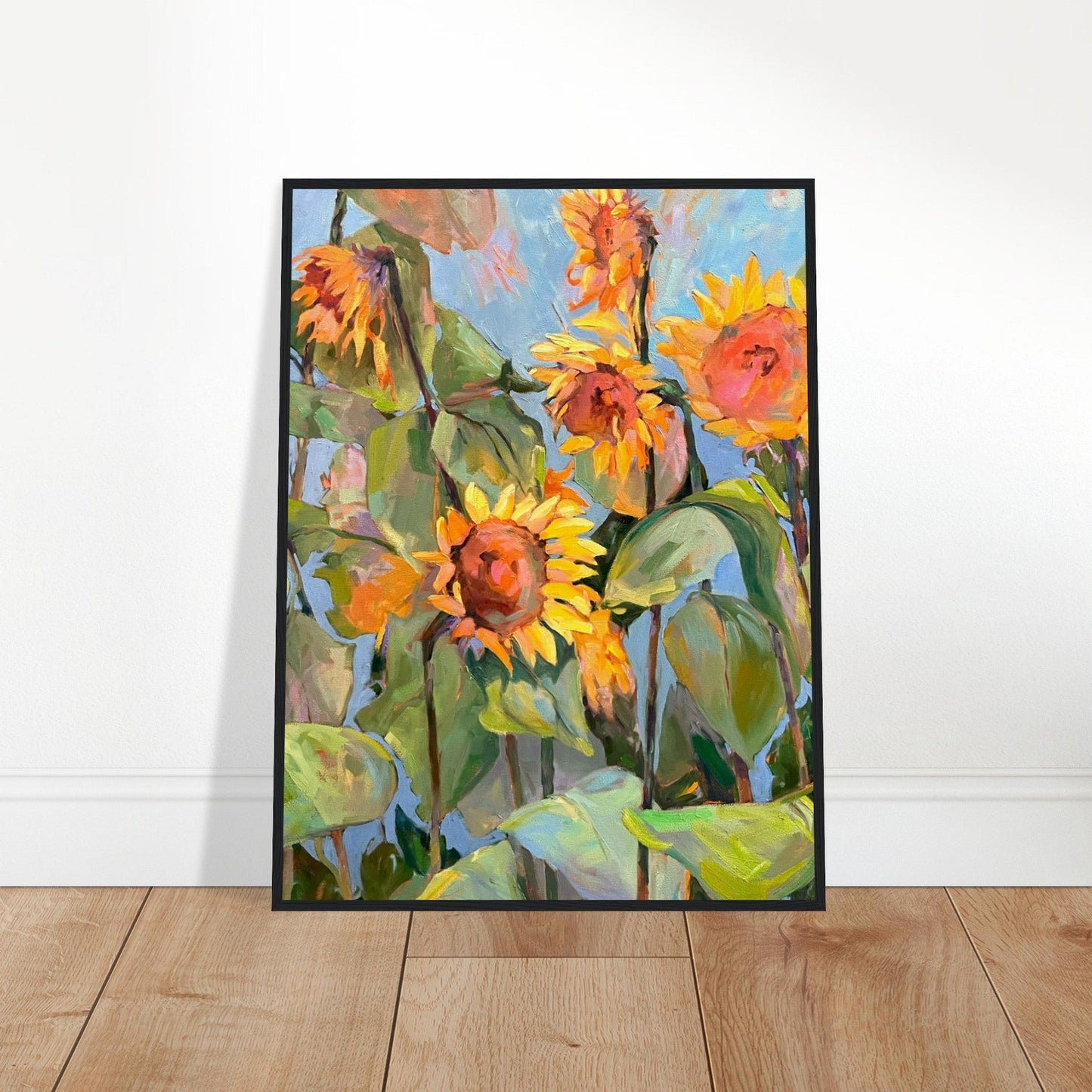 'Southwind Sunflowers 1' Floral | 24x32 inch Wooden Framed Art Print | Original Artwork by American Artist Barbara Cleary