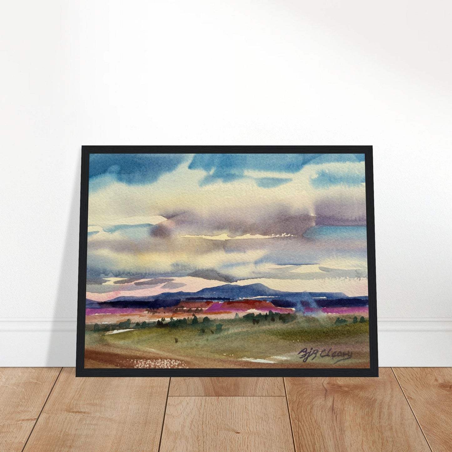 ‘Tranquil Mountain View 1’ Landscape Watercolor | 12x16 Wooden Framed Art Print | Original Artwork by American Artist Barbara Cleary