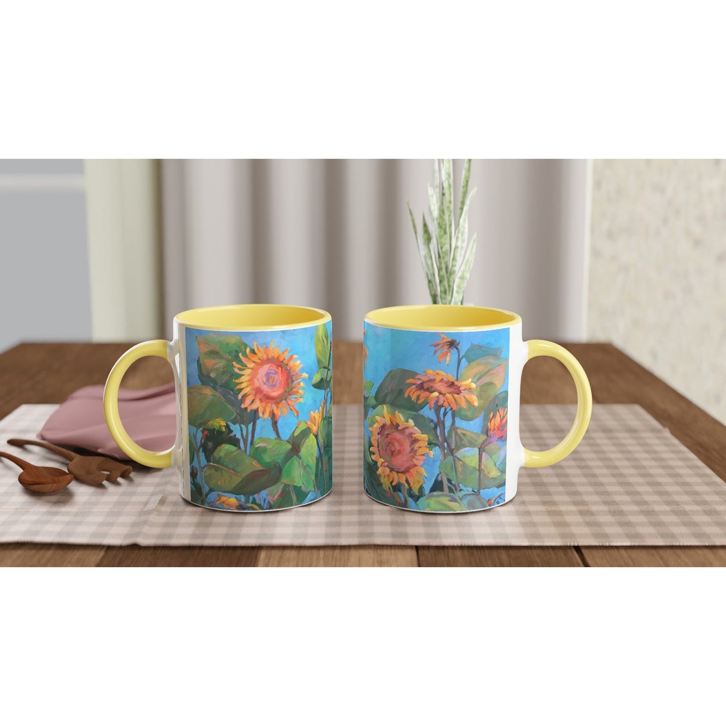 "11oz White Ceramic Coffee Mug with Color Inside | with 'Southwinds 2 Sunflowers' Floral Artwork by American Artist Barbara Cleary