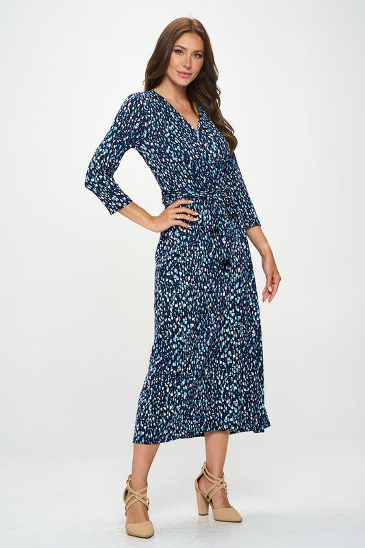 Brushed Knit Print V neck Jersey Wrap Maxi Dress with Tie