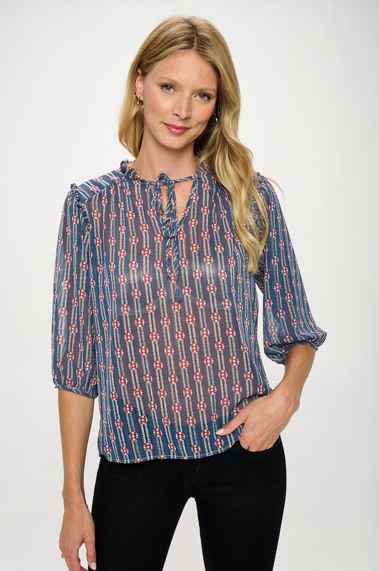 Print Semi Sheer Top with Tie