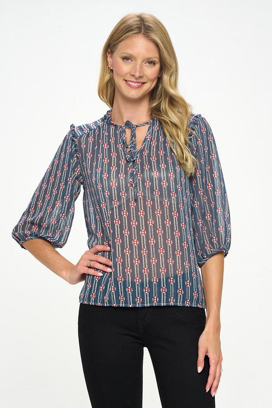 Print Semi Sheer Top with Tie