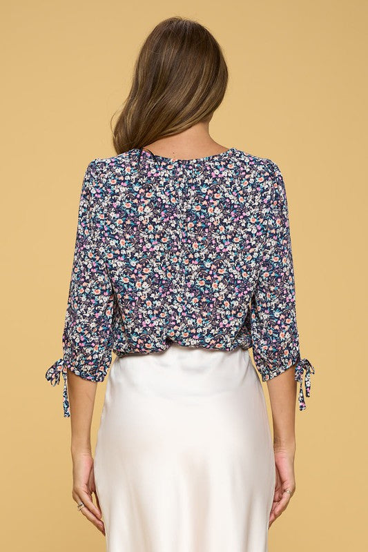 Floral Print Top with Self Tie Sleeves