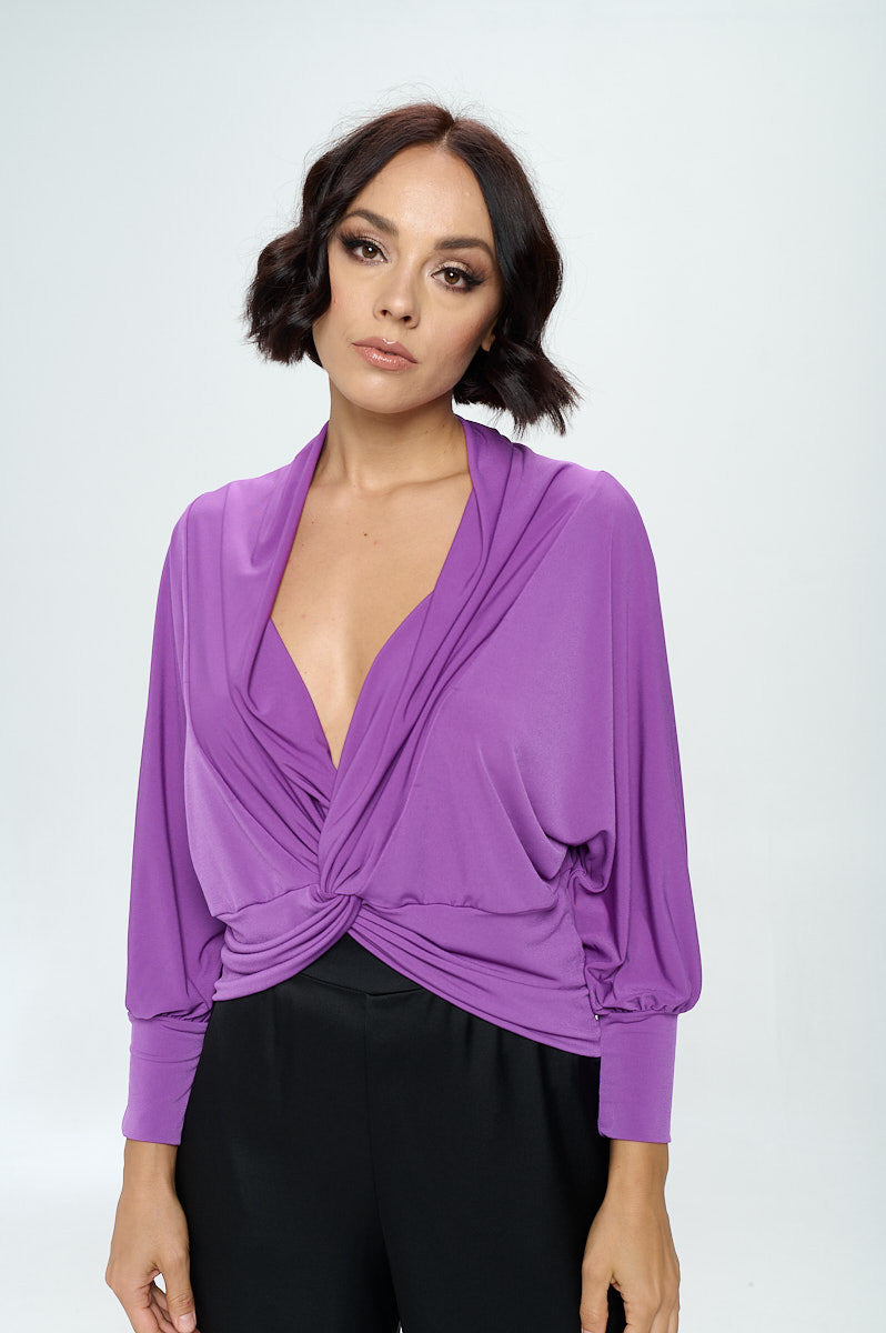 Knit Fabric Deep Cowl Neck Top with Front Twist