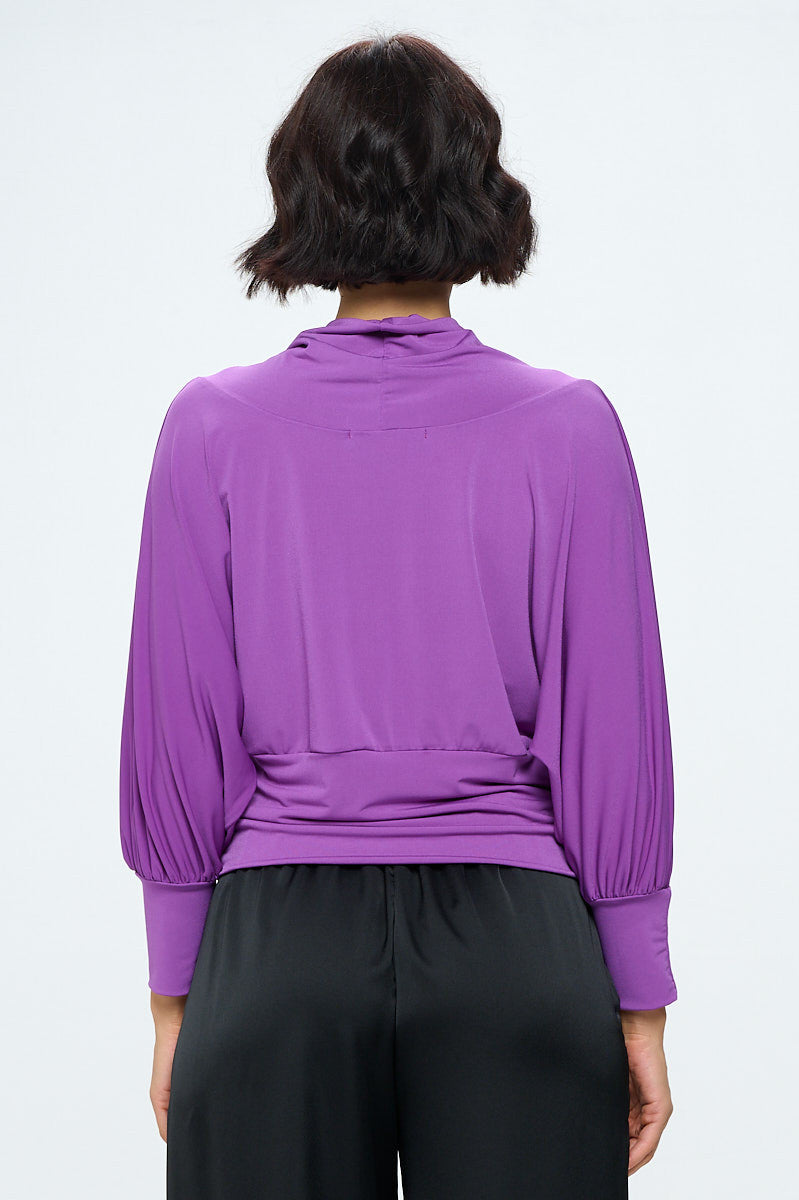 Knit Fabric Deep Cowl Neck Top with Front Twist