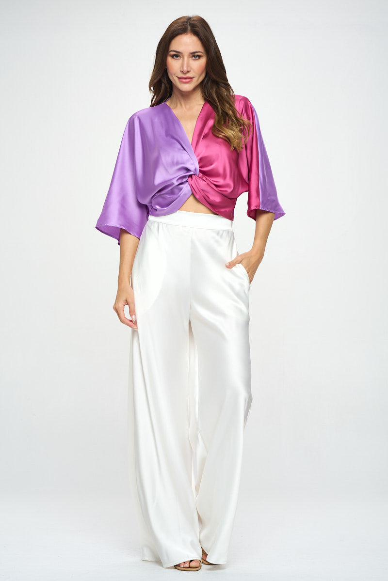 Satin Vibrant Multi Color Short Sleeve Top with Front Twist
