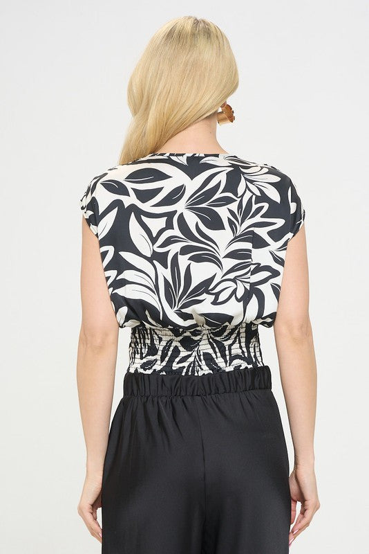 Satin Floral Print V neck 3/4 Sleeve Top with Tie
