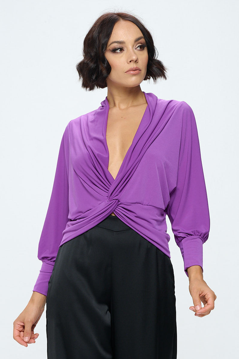 Knit Fabric Deep Cowl Neck Top with Front Twist