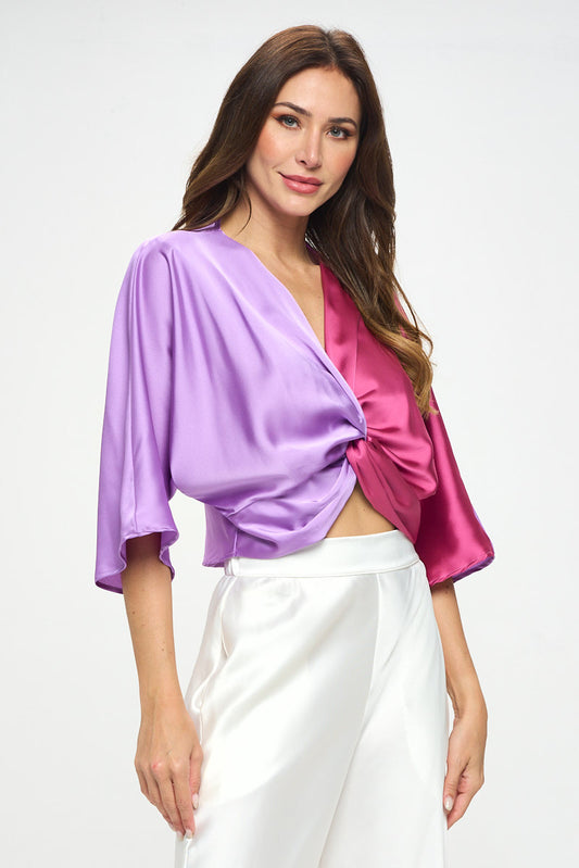 Satin Vibrant Multi Color Short Sleeve Top with Front Twist