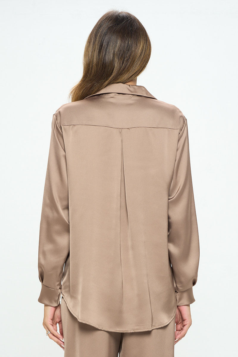 Stretch Satin Long Sleeve V neck Top with Collar