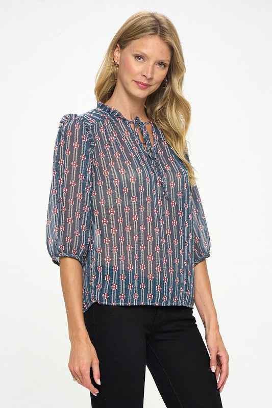 Print Semi Sheer Top with Tie