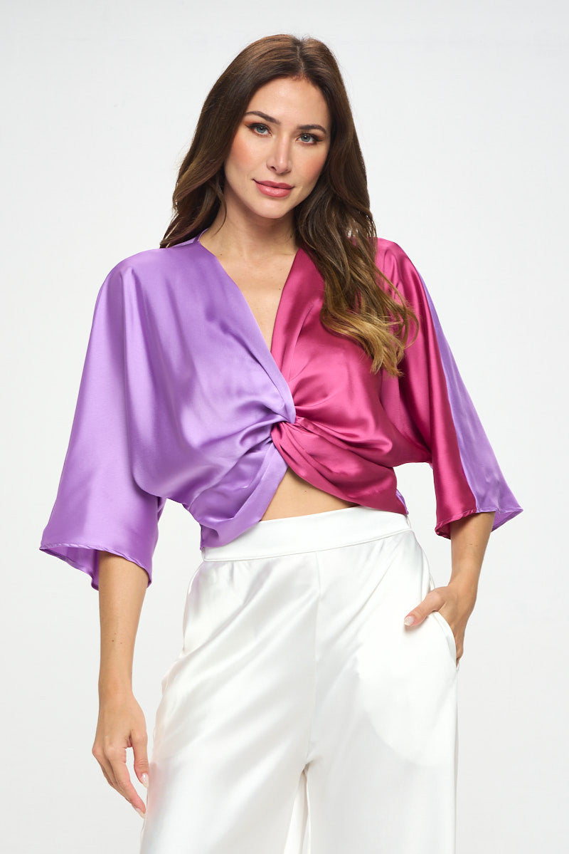 Satin Vibrant Multi Color Short Sleeve Top with Front Twist