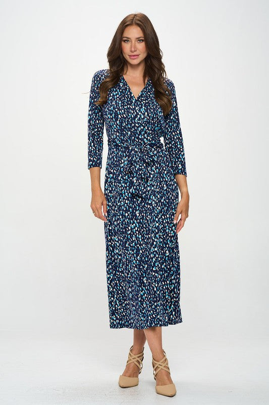Brushed Knit Print V neck Jersey Wrap Maxi Dress with Tie