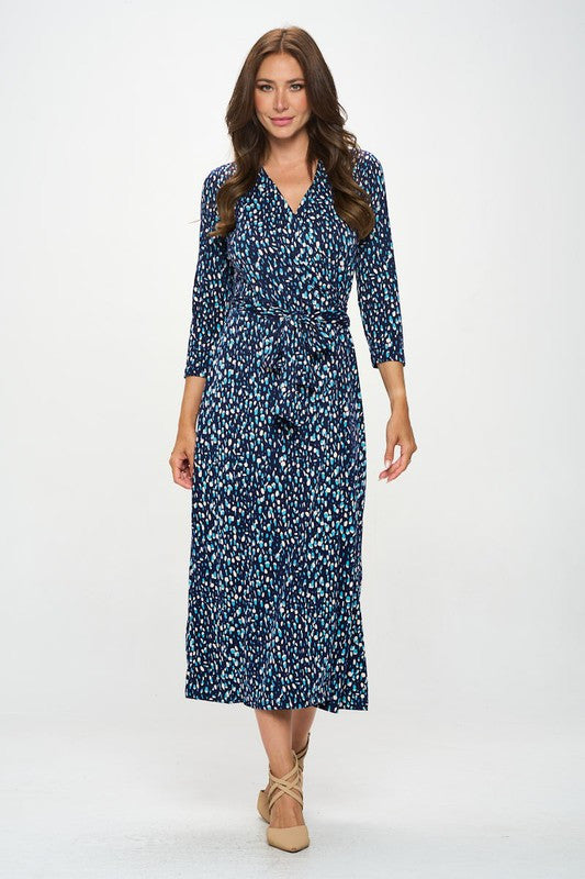 Brushed Knit Print V neck Jersey Wrap Maxi Dress with Tie