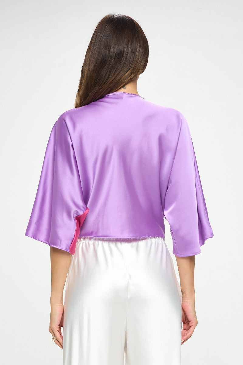 Satin Vibrant Multi Color Short Sleeve Top with Front Twist