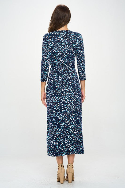 Brushed Knit Print V neck Jersey Wrap Maxi Dress with Tie