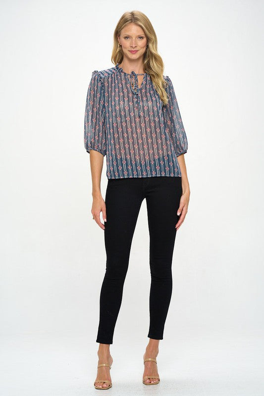 Print Semi Sheer Top with Tie